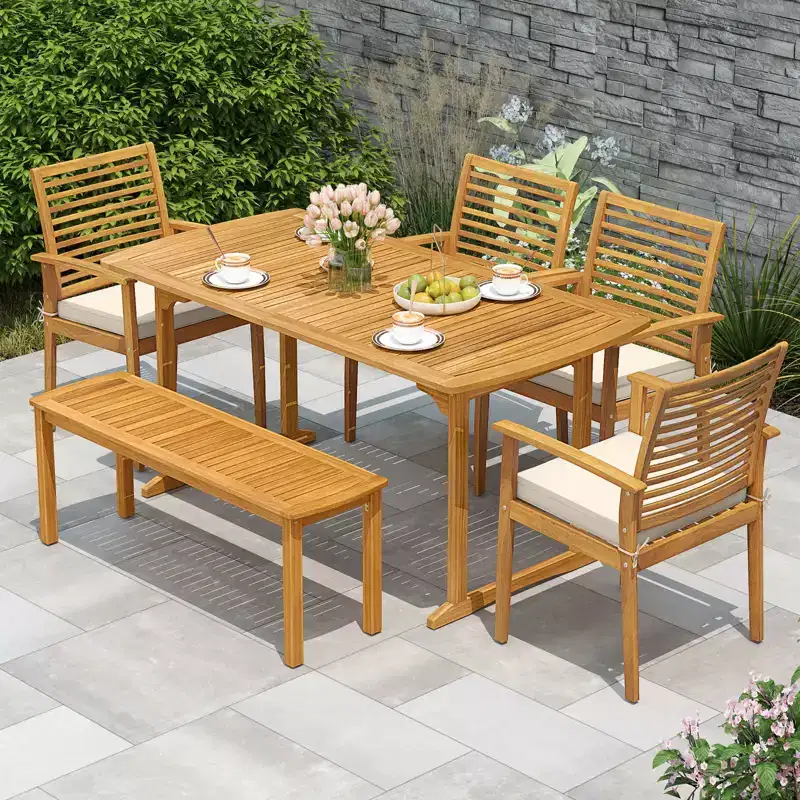 Costway 6PCS Outdoor Acacia Wood Dining Set Rectangle Dining Table with 4 Chairs & Bench