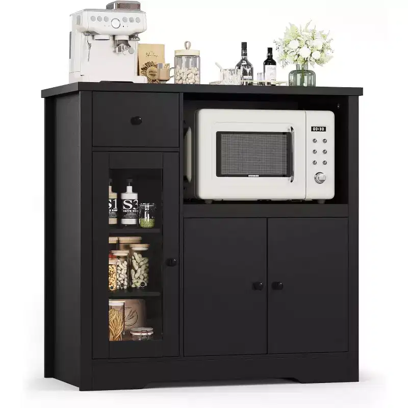 Storage Cabinet with Adjustable Shelves & Microwave Stand, Buffet Sideboard with Drawer, Single and Double Doors for Kitchen, Dining Room