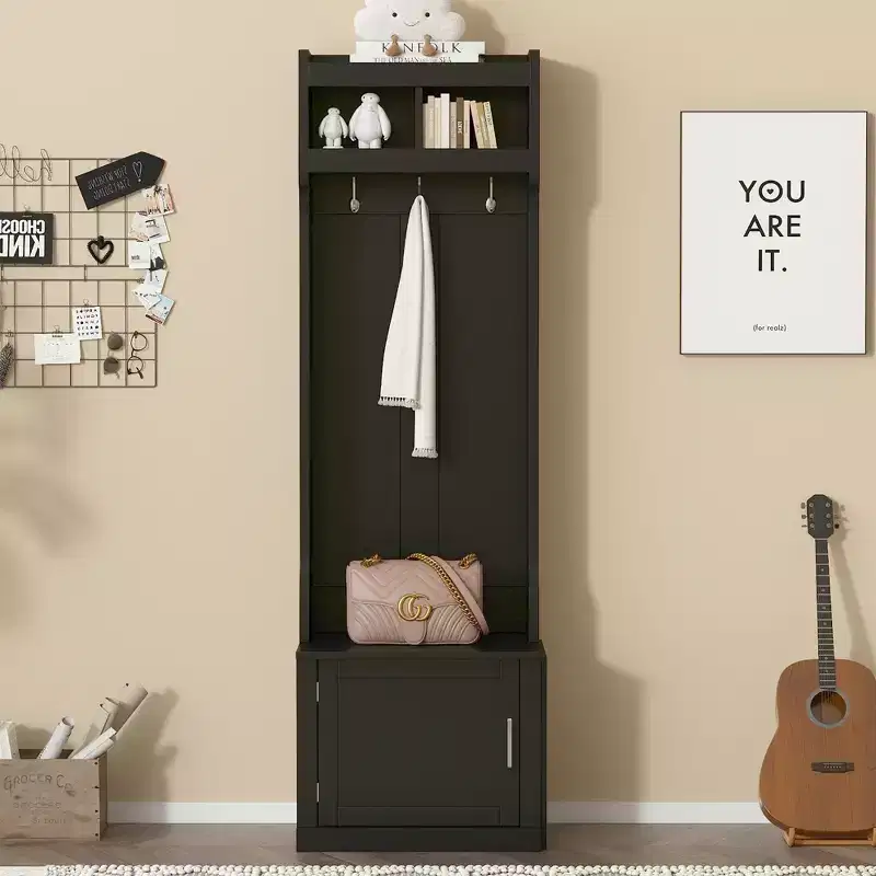 Slim Hall Tree with Cabinet, 6 Hanging Hooks & Storage Bench, Coat Rack
