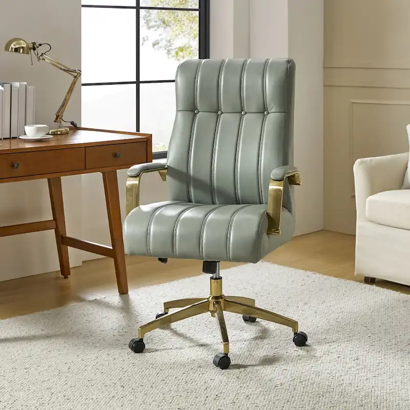 Mid-Century Modern Vegan Leather Swivel Tilting Office Chair with Channel Tufted and Metal Feet