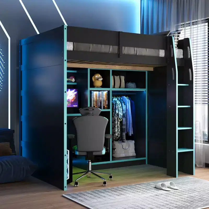 GDF Studio Leonard Wood Loft Bed with Desk, Open Wardrobe and RGB Lights