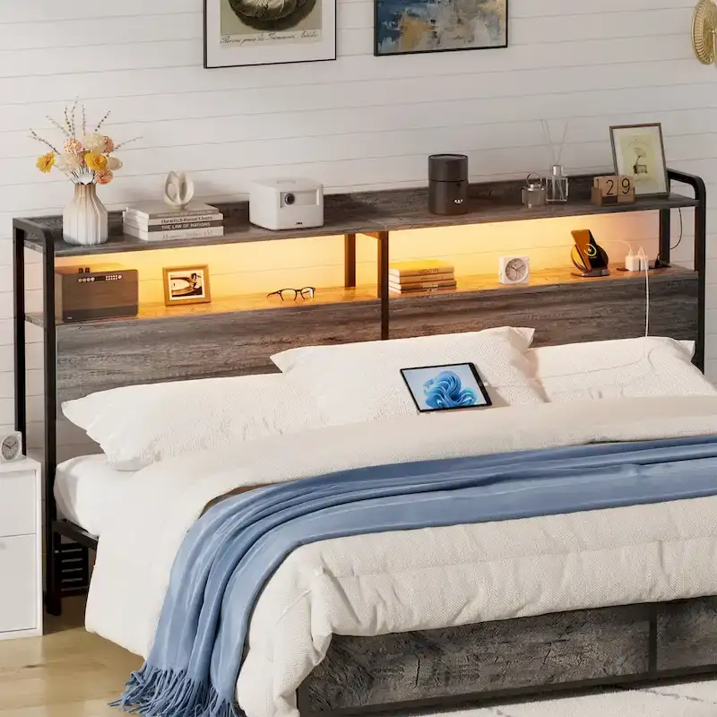 Headboard with Storage Drawers and LED Light, Head Board with Outlets, USB Ports