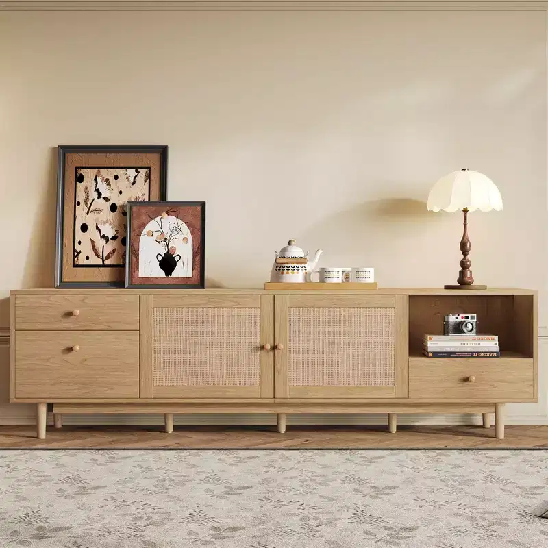 77-inch Mid-Century Modern Natural Rattan TV Console, Entertainment Center with Open Storage and Drawers