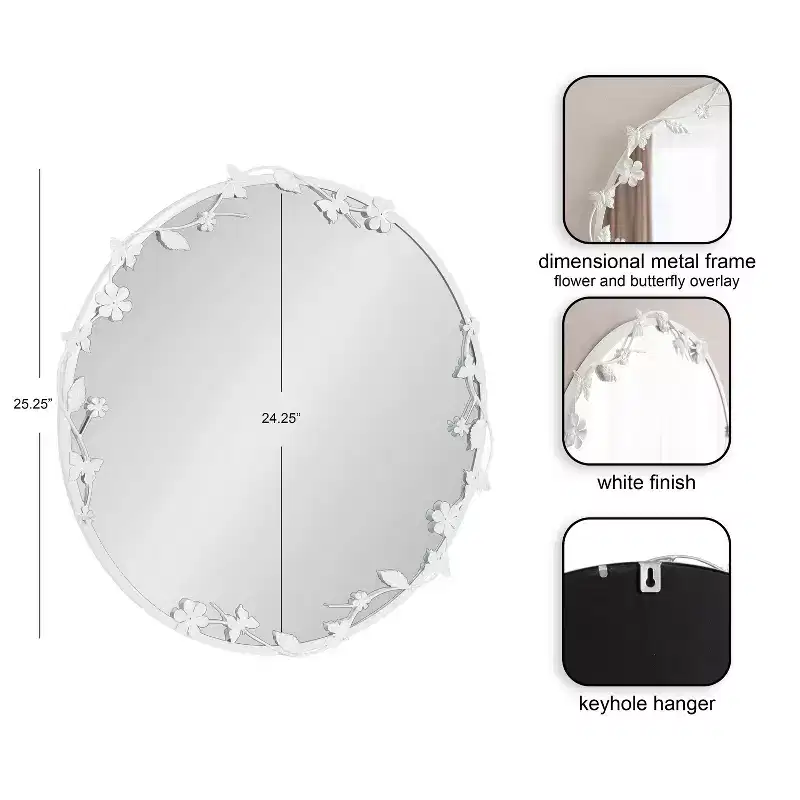 Kate and Laurel Rosella Floral Wall Mirror Metal, White, 26x26