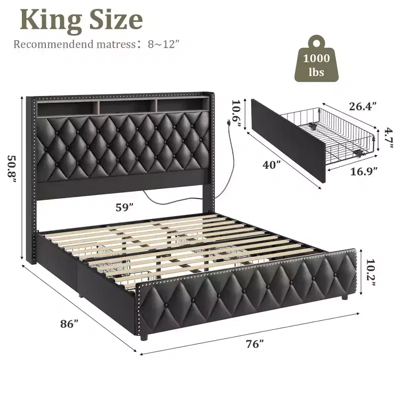 Soft Upholstered Platform Bed Frame with 4 Storage Drawers - Tall Headboard - Noise-Free - Easy Assembly - No Box Early Season Needed