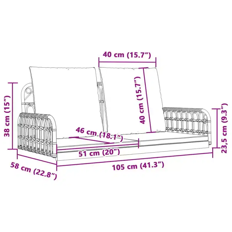 vidaXL Swing Bench Brown, Black, Cream White PE rattan, Powder-coated steel