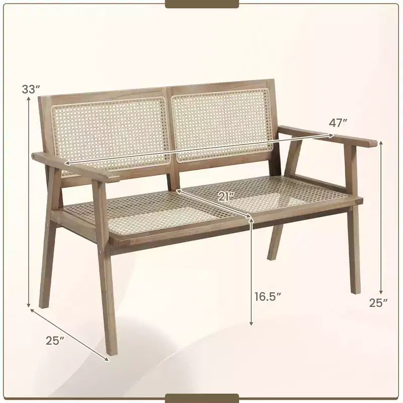 Costway Indonesia Teak Wood Garden Bench 2-Person Bench with Armrests Natural Rattan Backrest & Seat