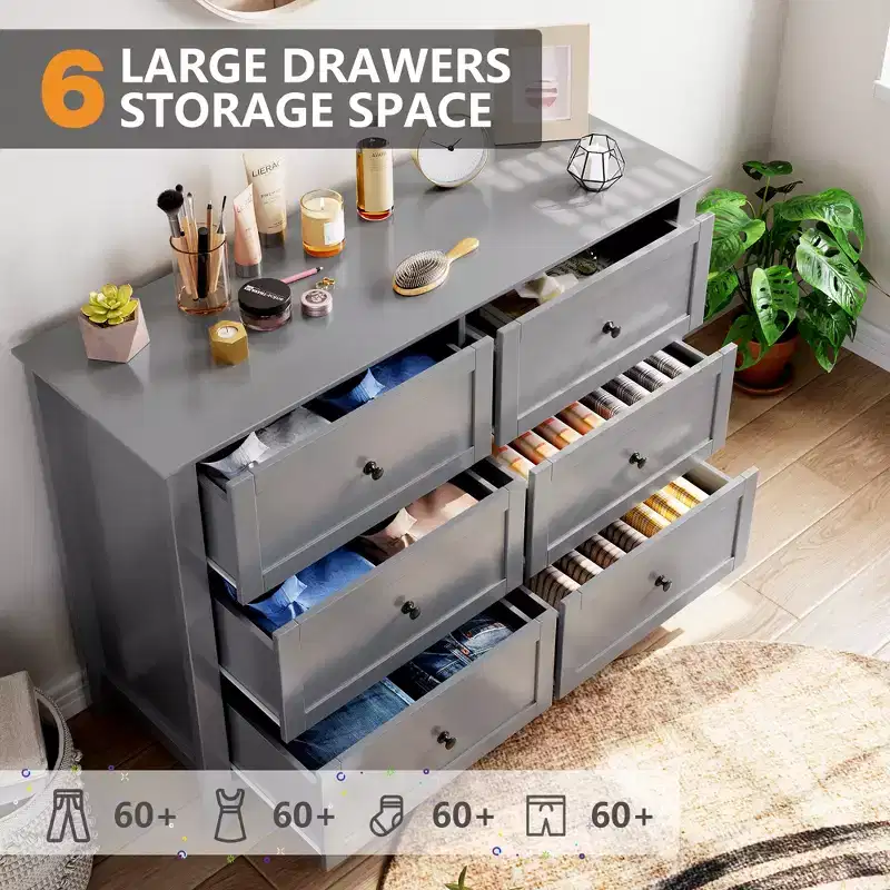 GustoWave 6 Drawer Dresser, Modern Chest of Drawers with Round Handle and Sturdy Leg