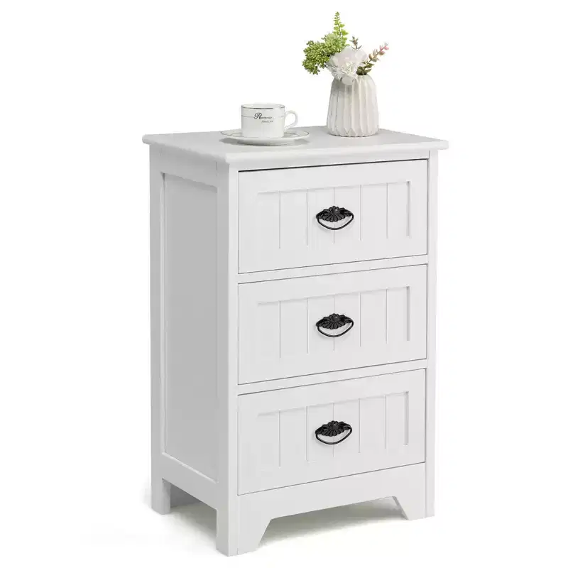 End Table Nightstand Bedroom Storage w/ 3 Drawers & Wood Slide White