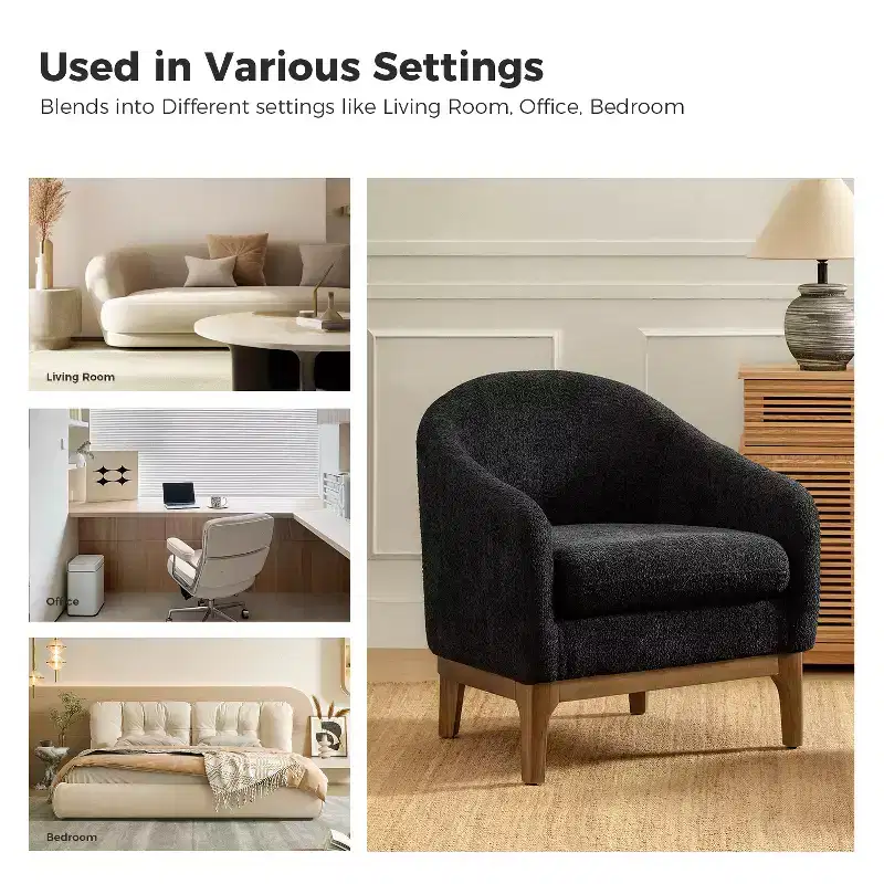 Boucle Barrel Armchair Set of 2 Solid Wood Legs High-Density Foam Dual-Sided Cushion