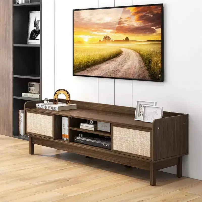 Wooden TV Stand for TVs up to 65 with Storage Adjustable Shelf & Sliding Doors Walnut