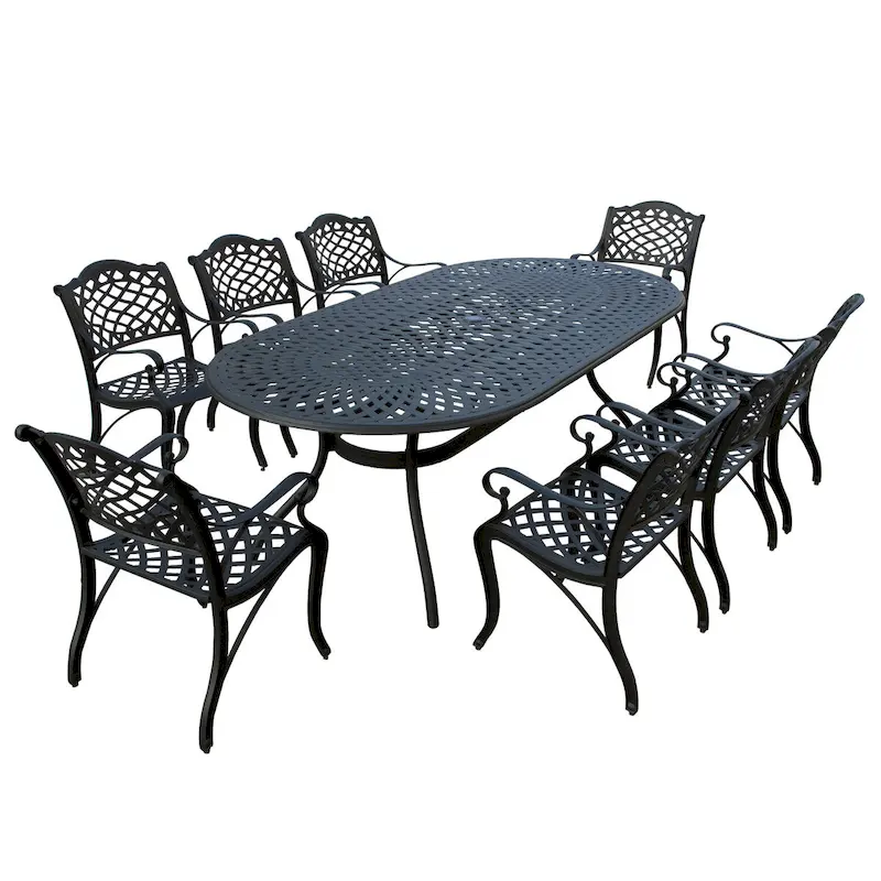 Modern Outdoor Mesh Lattice Aluminum 95-in Large Oval Patio Dining Set with Eight Arm Chairs - N/A