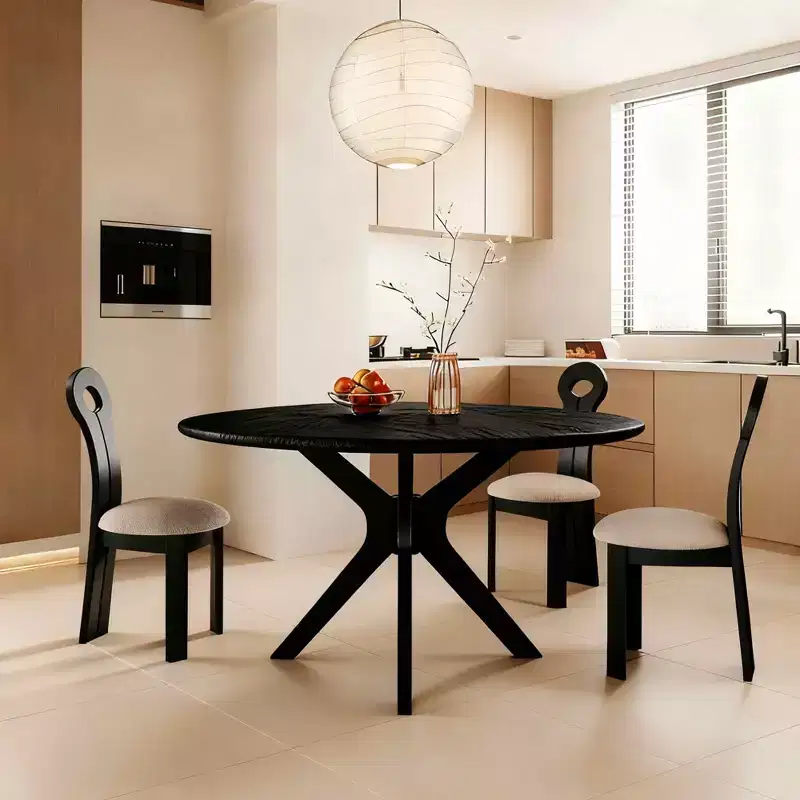 MAYEERTY 47 Round Solid Wood Dining Table, Black Intersecting Pedestal Base 4-6 Seater for Kitchen & Dining Room