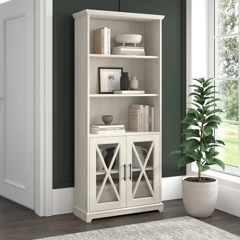 Farmhouse 5 Shelf Bookcase with Glass Doors