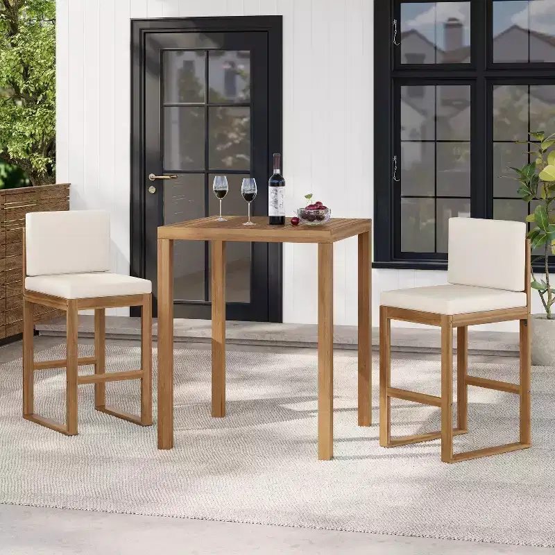 Christopher Knight Home Goleta 3 Piece Outdoor Acacia Wood Bar Set with Water-Resistant Cushions