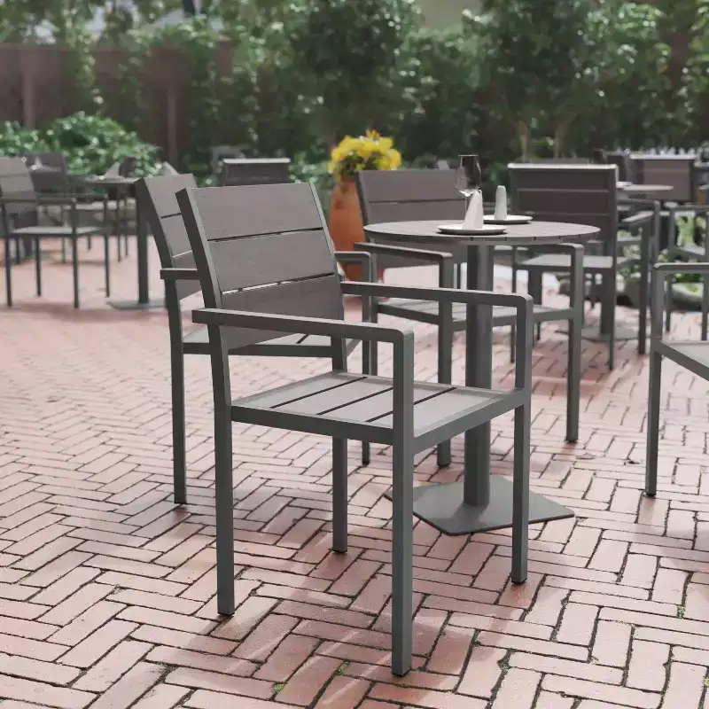 Flash Furniture Finch Commercial Grade Patio Chair with Arms, Stackable Side Chair with Faux Teak Poly Slats and Metal Frame