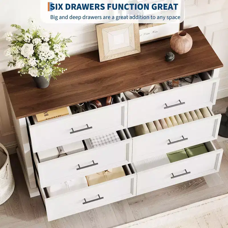 White 6 Drawer Dresser for Bedroom  Farmhouse Chest of Drawers w/Metal Handles, Rustic Wood Storage Organizer for Living Room & Hallway