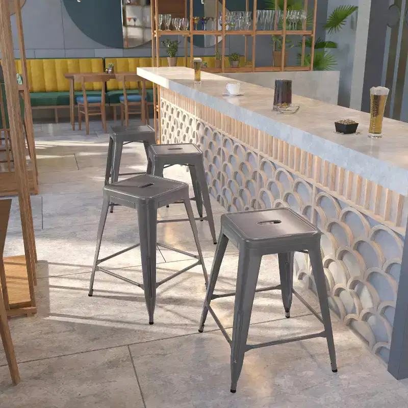 Emma and Oliver 4 Pack 24H Backless Clear Coated Metal Indoor Counter Height Stool w/ Square Seat