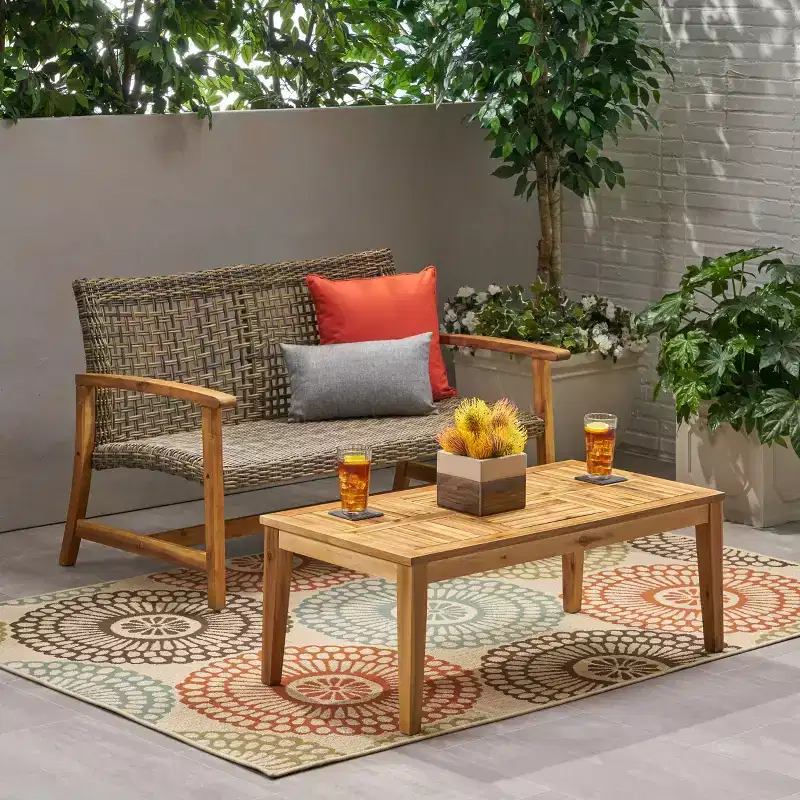 Christopher Knight Home Hampton Outdoor Acacia Wood and Wicker Loveseat and Coffee Table Set