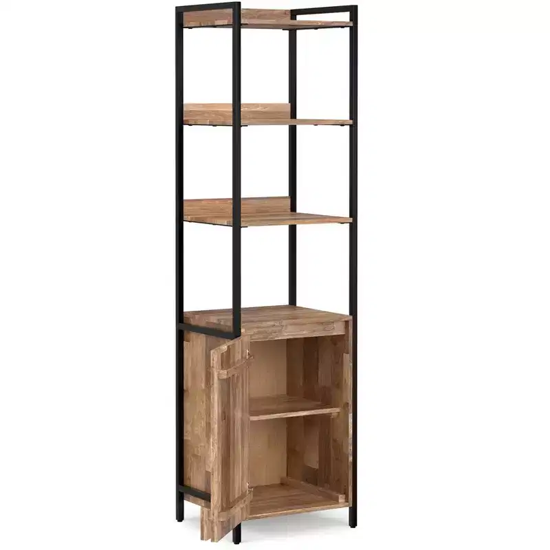 Paola SOLID MANGO WOOD 74 inch x 20 inch Modern Industrial Narrow Bookshelf with Cabinet in Natural