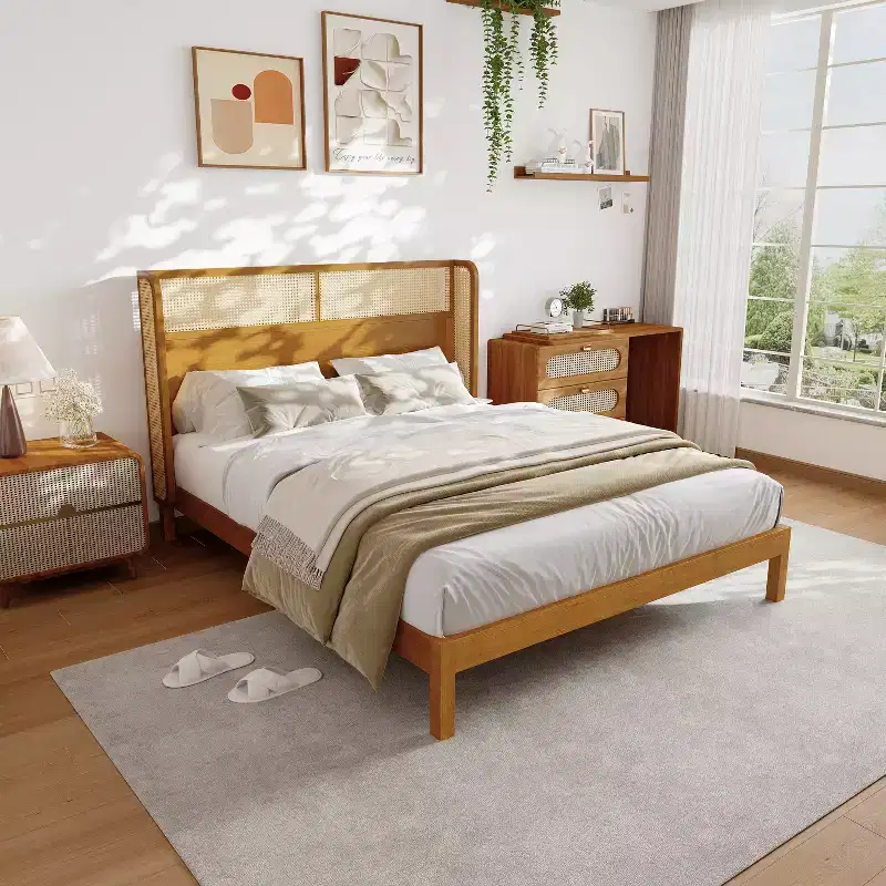 King/Queen Platform Bed Frame with Headboard, Mid Century Modern Rubber Wood Bed for Bedroom, Natural