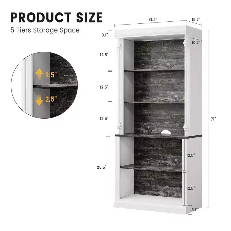 5-Tier Bookshelf with Adjustable Shelves and LED Light, Freestanding Display Cabinet for Collectibles, Bedroom, Living Room