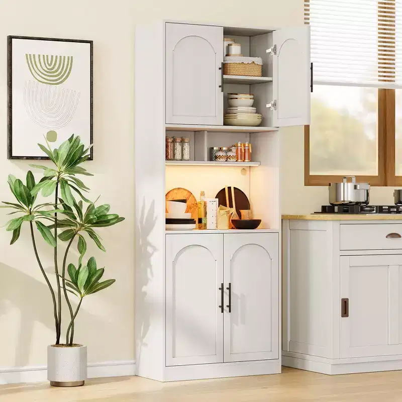 71.9Tall Arched Bookshelf, 7 Tier Farmhouse Wood Storage Cabinet with RGB Light, Barn Doors & 2 Open Shelves, for Living Room, Dining Room, Bathroom