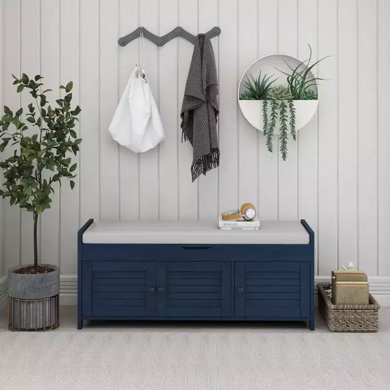 Wooden Storage Bench, Upholstered Entryway Bench with Removable Cushion, Shoe Cabinet with Hidden Storage for Entryway Bedroom Living Room