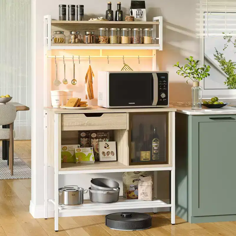 Besiter 60 Kitchen Baker's Rack with LED Light 6-Tier Microwave Stand with Storage Drawer Cabinet & 8 Hooks