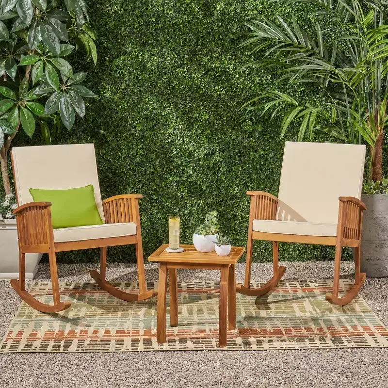 Christopher Knight Home Alabelle Outdoor Acacia Wood 3 Piece Rocking Chair Chat Set with Cushions, Brown/Cream