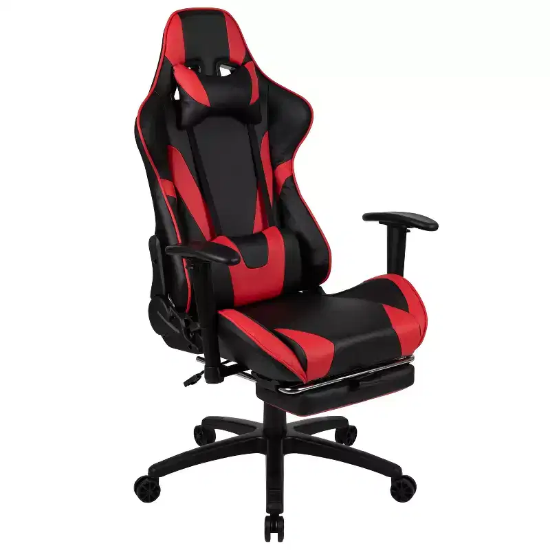 Emma and Oliver Racing Gaming Ergonomic Chair with Reclining Back, Footrest in Red LeatherSoft