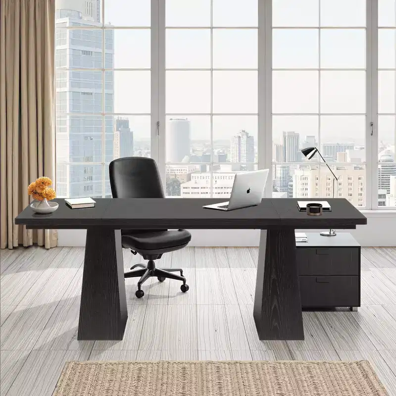 MAYEERTY 63 Executive Desk, Multifunctional Study Writing Gaming Desk with Curved Edges for Home Office
