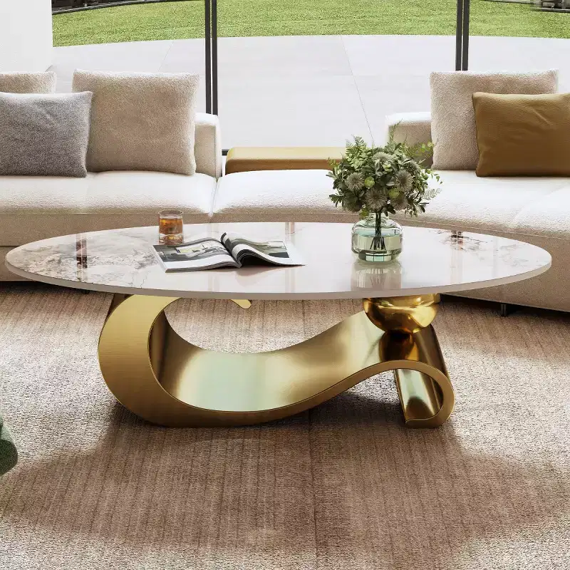 49-Inch Oval Coffee Table with Faux Marble Top and Stainless Steel Base