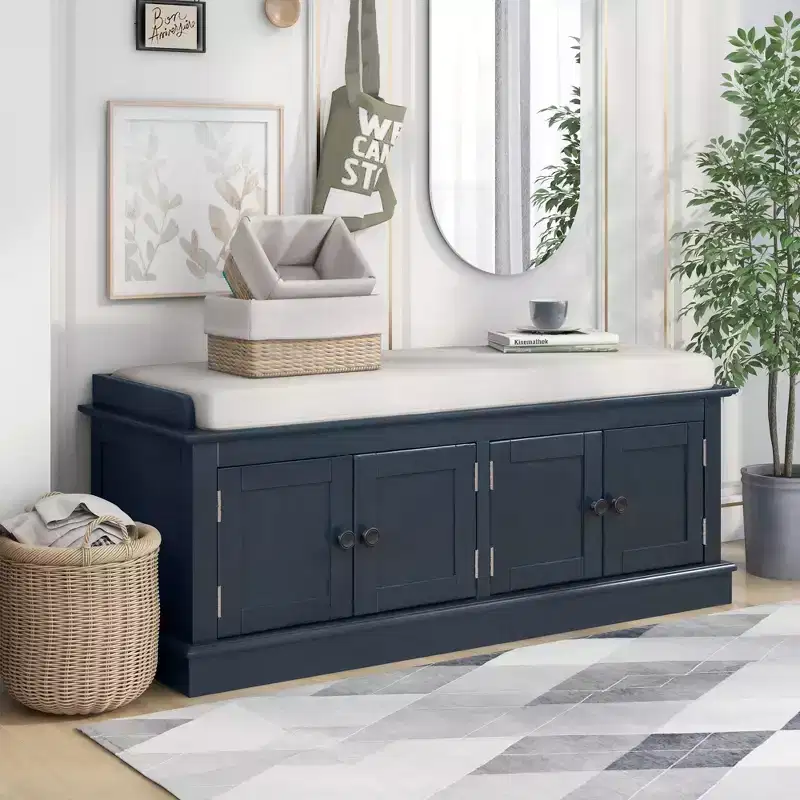 Whisen Classic Style Storage Bench with 4-Doors and Adjustable Shelves