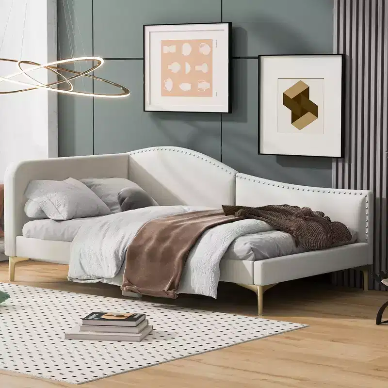Twin/Full Upholstered Daybed, Linen Fabric Sofa Bed with Headboard and Armrest for Living Room