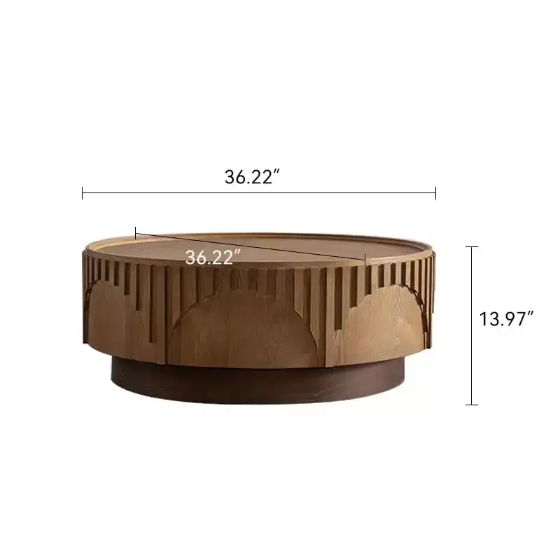 36.22 Coffee Table Round Wood Mid Century Modern Solid Wood Veneer Handcrafted Relief Tea Table with Sturdy Pedestal