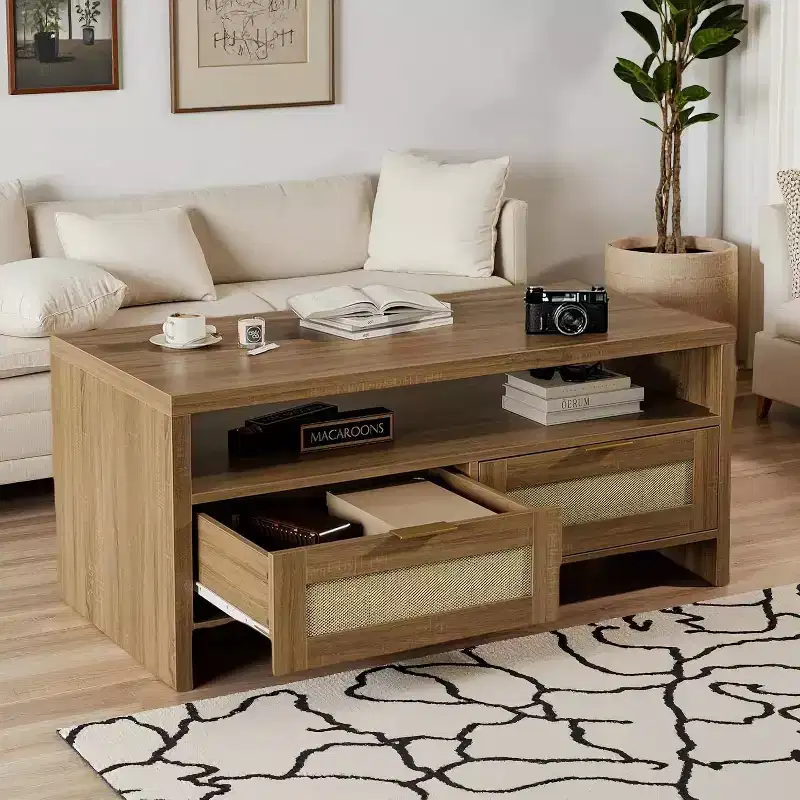 Acekool Bohemian Chic Oak Coffee Table, Rattan Drawers, Gold Handles, 2-Drawer Storage, Modern Mid-Century, Vintage Brown