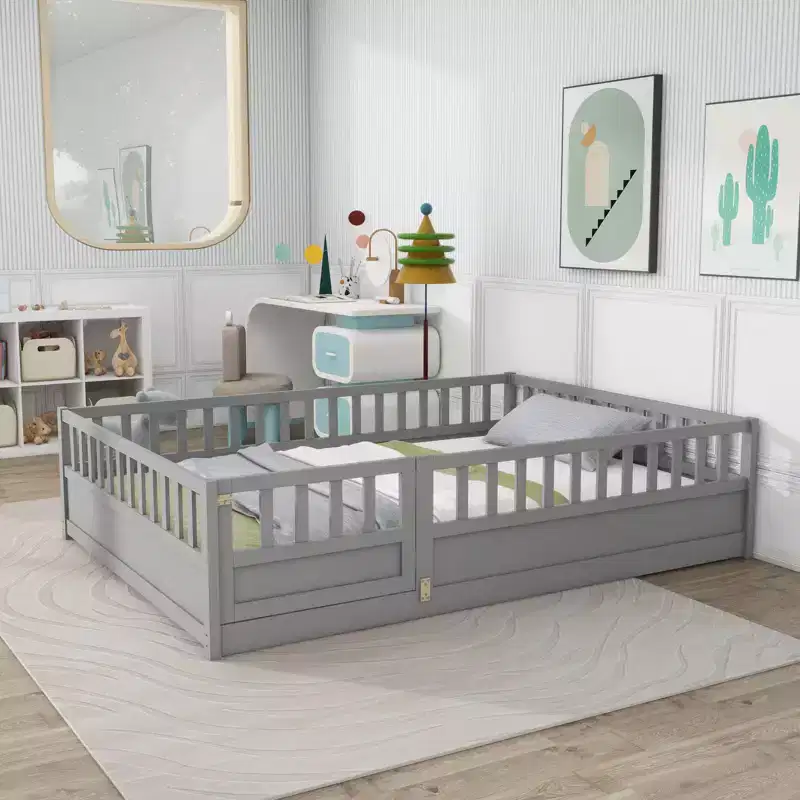 Full Floor Bed Frame with Extra-Tall Safety Rails and Entry Door, Gray