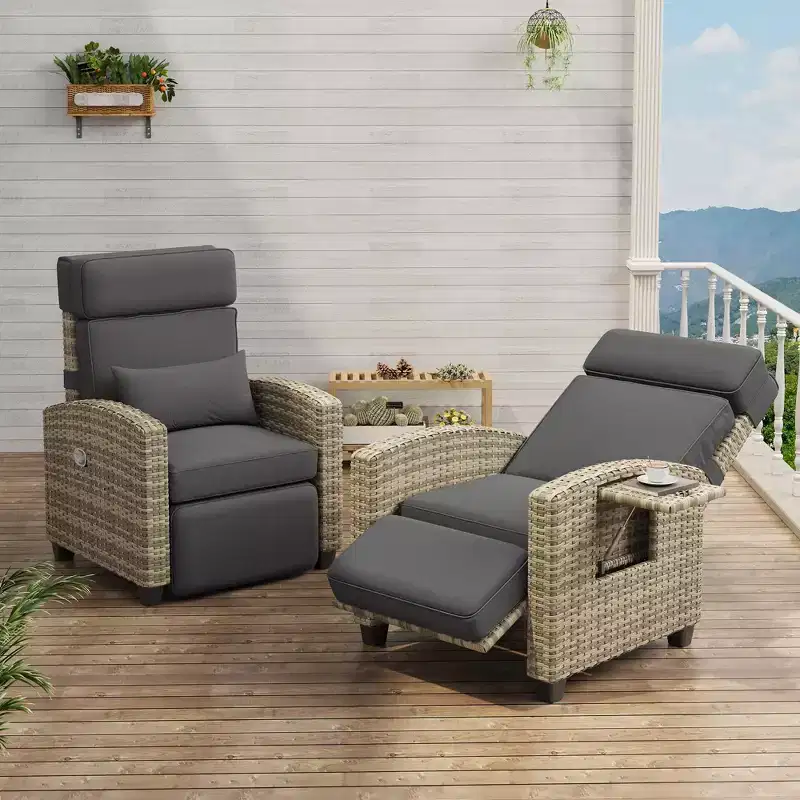 Outdoor Recliner Chair, Reclining Patio Chairs with Adjustable Backrest & Footrest, Wicker Lounge Recliner Up to 150 with Flip-Up Table