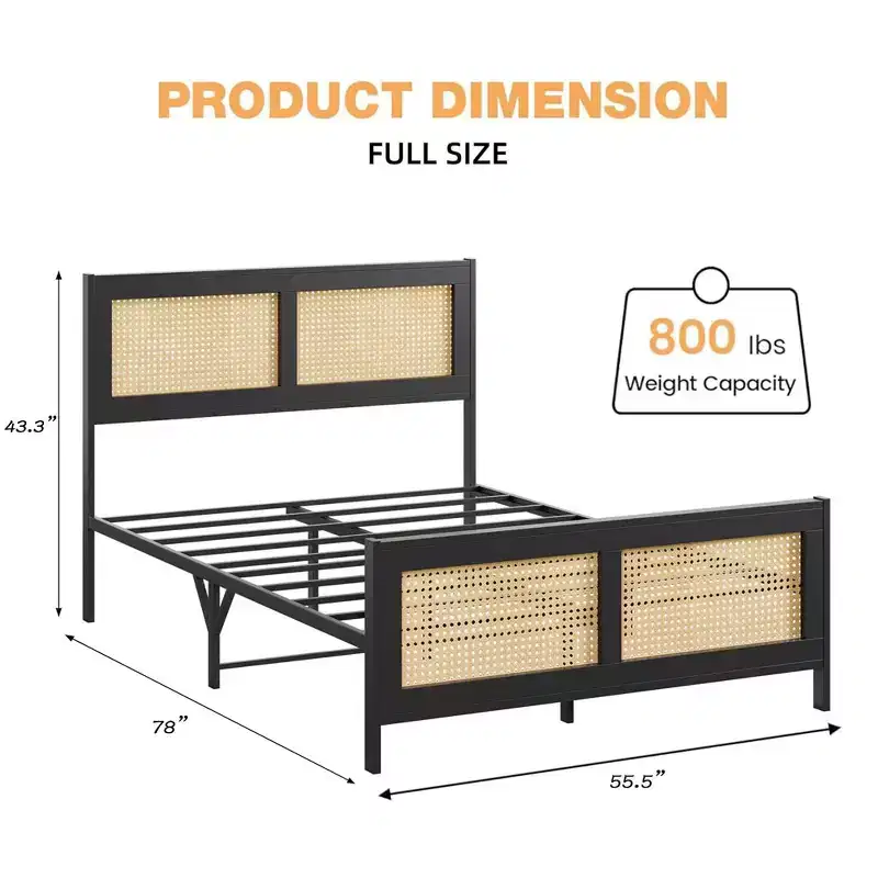 Queen Size Bohemian Rattan Platform Bed Frame with Headboard, Strong Metal Slats, No Box Spring Needed, Noise-Free, Black