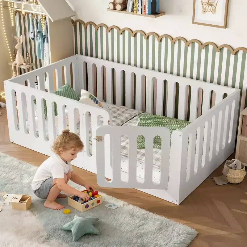 White Twin Montessori Floor Bed with Fence Rails & Door – Solid Wood, 1 Child