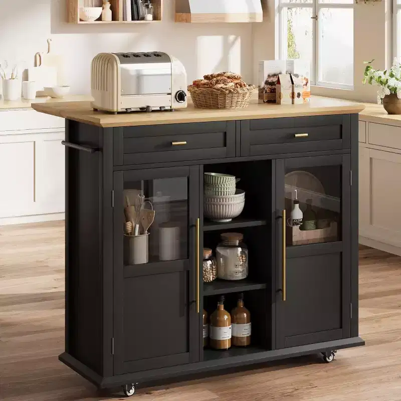 Coolmee Rolling Kitchen Island with Drop Leaf, Island Cart with Storage, Microwave Cart on Wheels, Table Bar Cart for Kitchen with Towel Rack