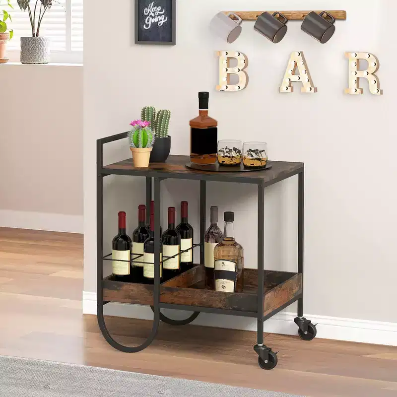 Industrial Bar Cart Rolling Buffet Serving Cart with Removable Metal Wire Rack