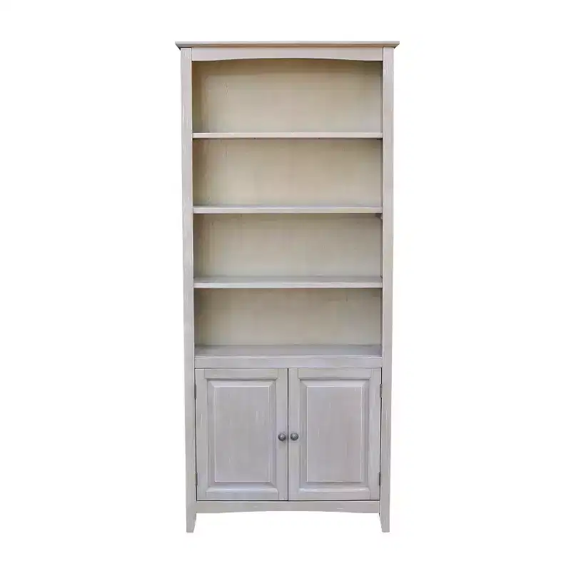 International Concepts 72 " Shaker Bookcase with Two Lower Doors Washed Gray: Solid Parawood, Mid-Century Design, Adjustable Shelves