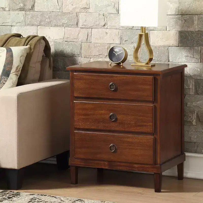Brown 3-Drawer Nightstand with Antique Bronze Hardware