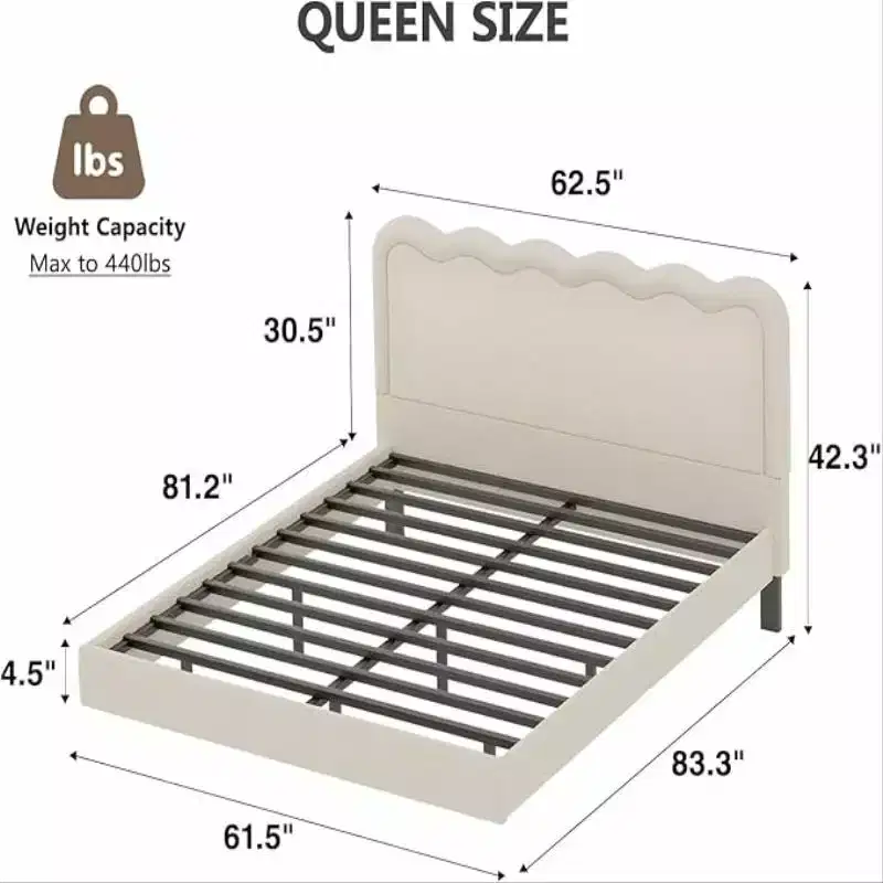 Queen Size Boucle Bed Frame with LED Lights, Floating Bed Frame with Waved Headboard & Sturdy Metal Frame, Noise-Free?beige
