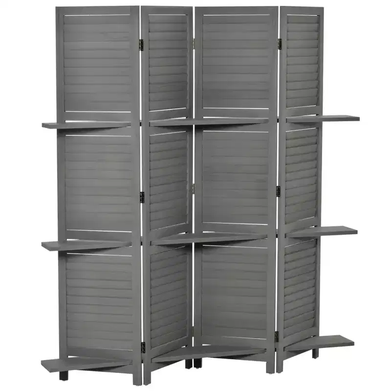 4 Panel Folding Room Divider Freestanding Paulownia Wood Privacy Screen Panel with Storage Shelves for Bedroom Office Gray