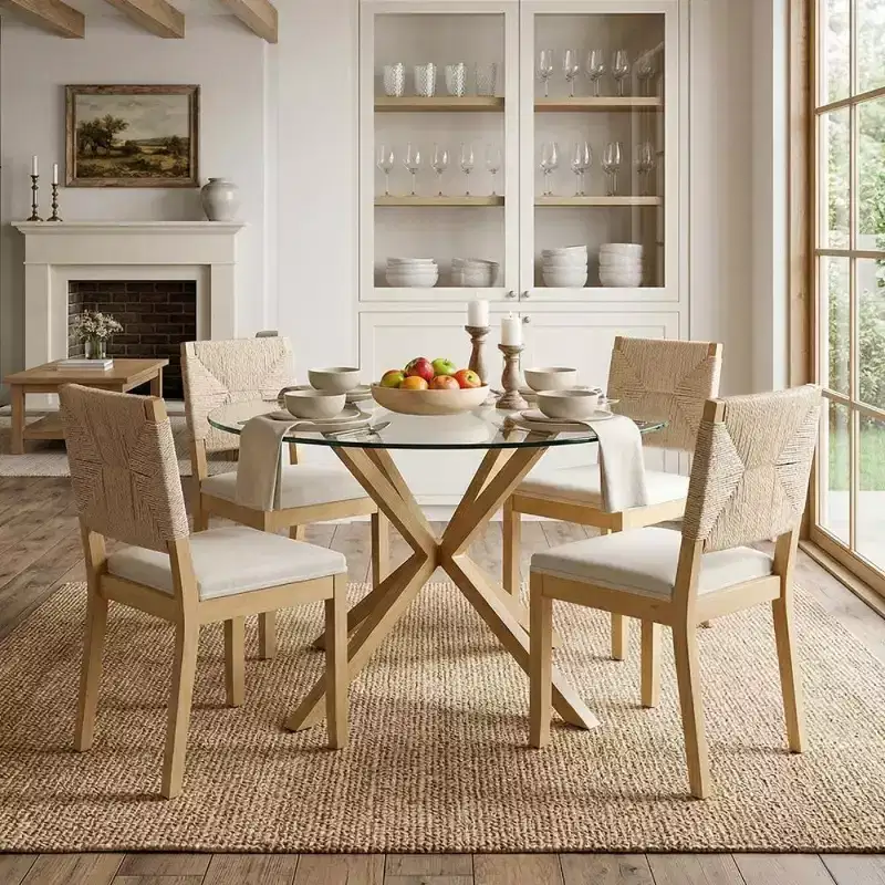 Modern Round Glass Dining Table Set for 4, Kitchen Dining Set with Upholstered Woven Back Chairs, Kitchen & Dining Room Furniture-Panipeachy