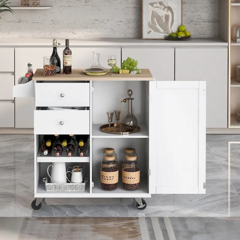 Rubberwood Kitchen Cart with Drop Leaf, Internal Storage Rack, Towel Holder, Spice Rack, and 2 drawers