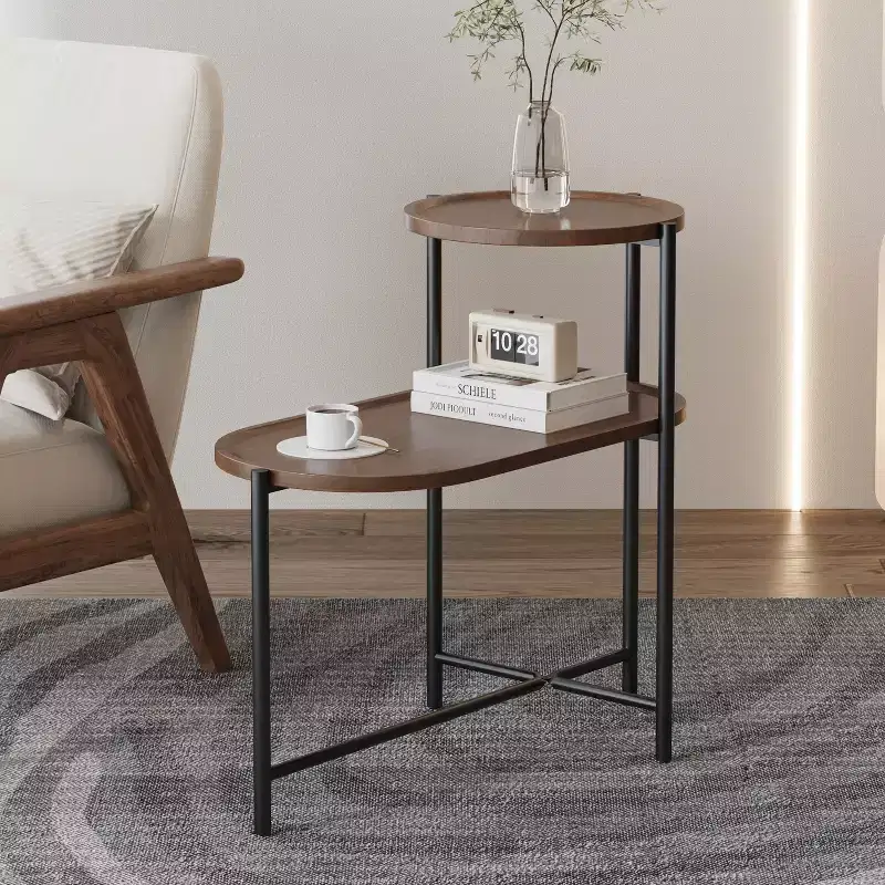 Walnut Brown 2-Tier Small Coffee Table, Wood Storage Shelf Metal Frame Sofa Side End Table for Living Room